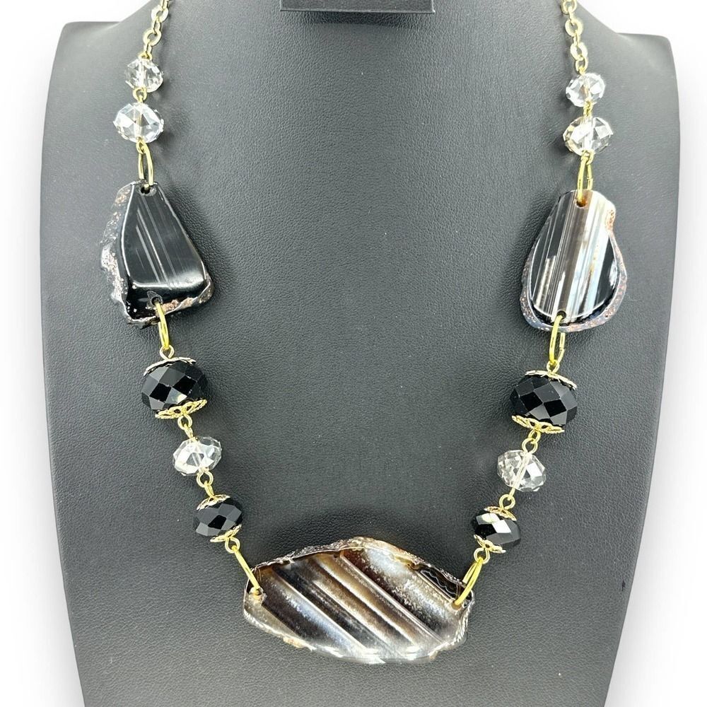 Statement Necklace Glass Marble Flat & Round Beads over Gold Tone Chain 20-21.5”